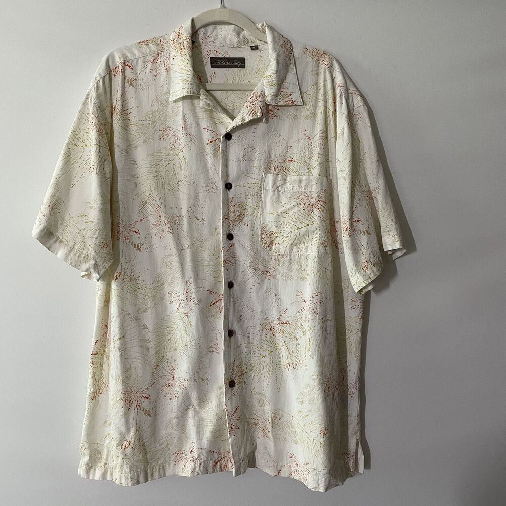 Milano Bay Camp Shirt Button Front Floral Palm Print Ivory Men Size XL